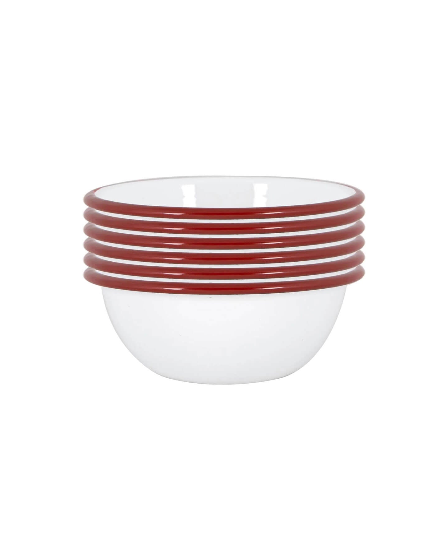A set of 6 white and red enamel bowl stacked, on a white background. 