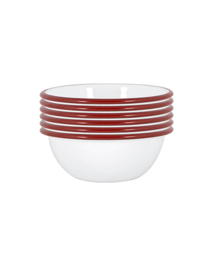 A set of 6 white and red enamel bowl stacked, on a white background. 