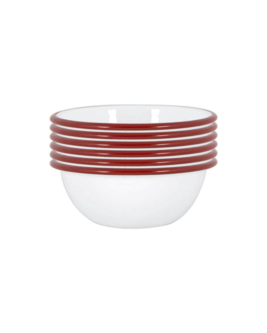 A set of 6 white and red enamel bowl stacked, on a white background. 