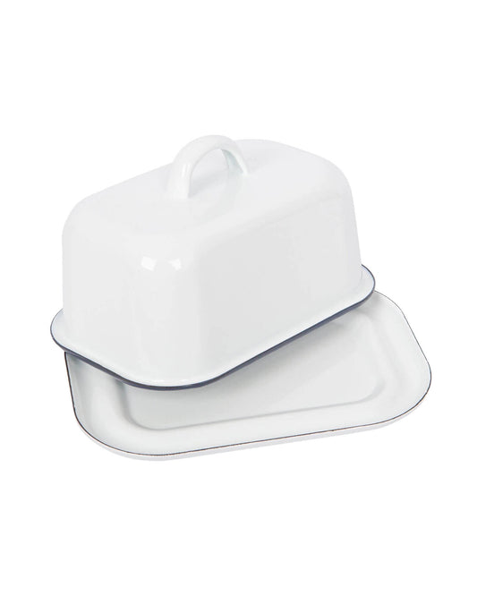 A white enamel butter dish with a navy blue rim, on a white background. 