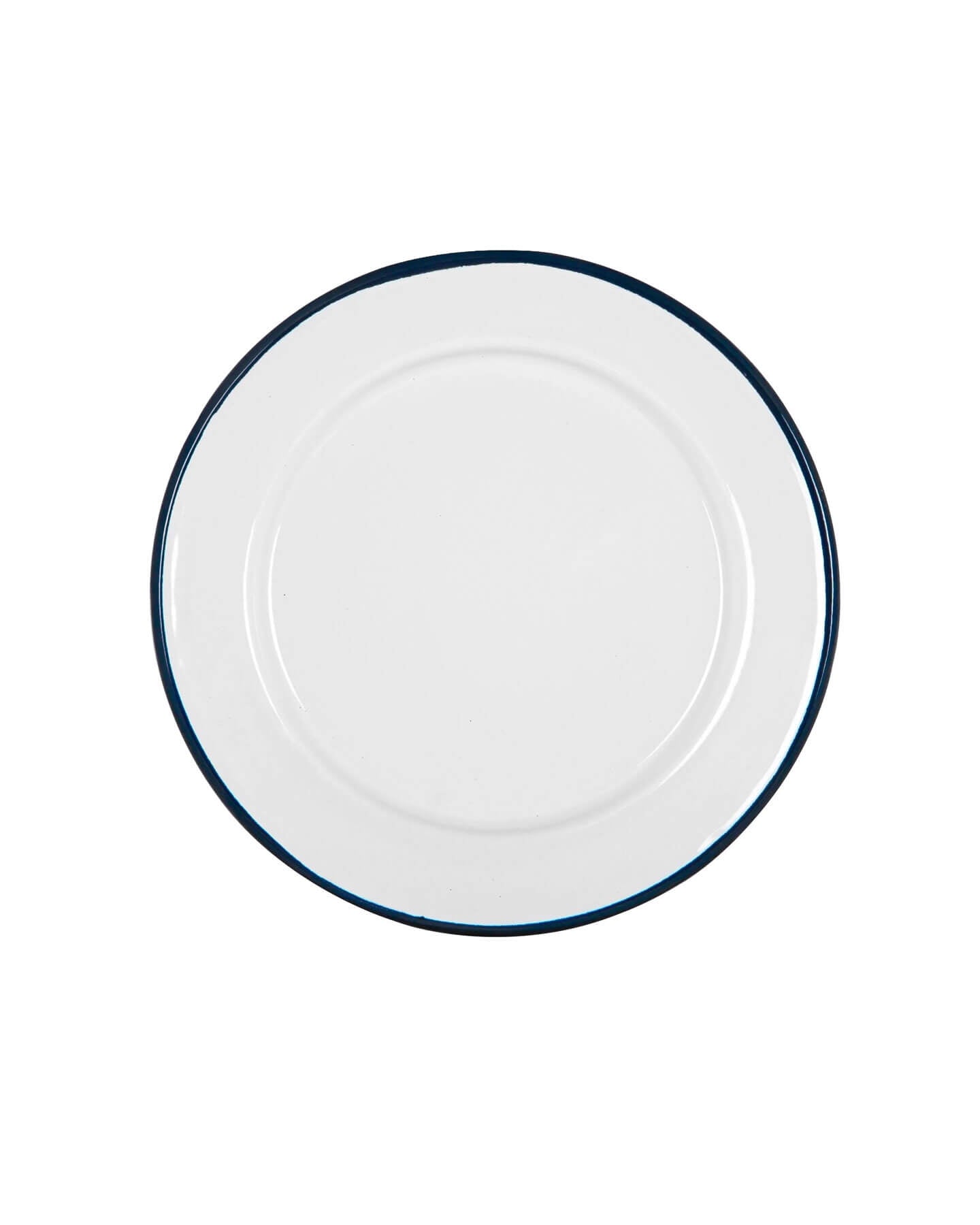 An enamel white and navy blue rimmed side plate, on a white background. 