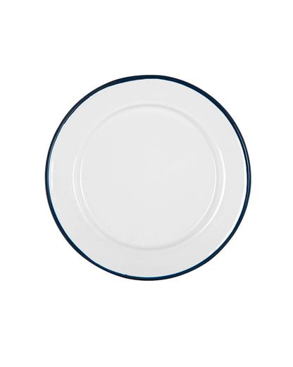 An enamel white and navy blue rimmed side plate, on a white background. 