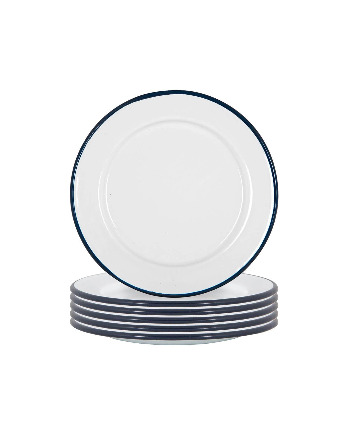 A set of 6 enamel white and navy blue rimmed side plates, stacked. 