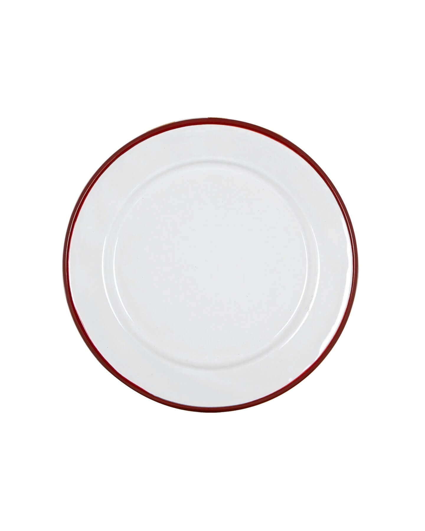 A single white and red enamel side plate on a white background.
