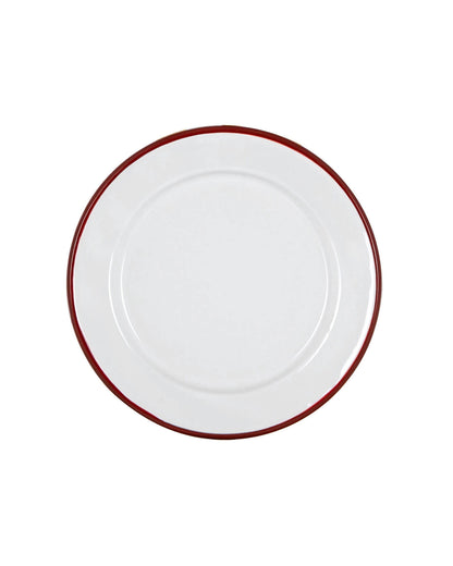 A single white and red enamel side plate on a white background.