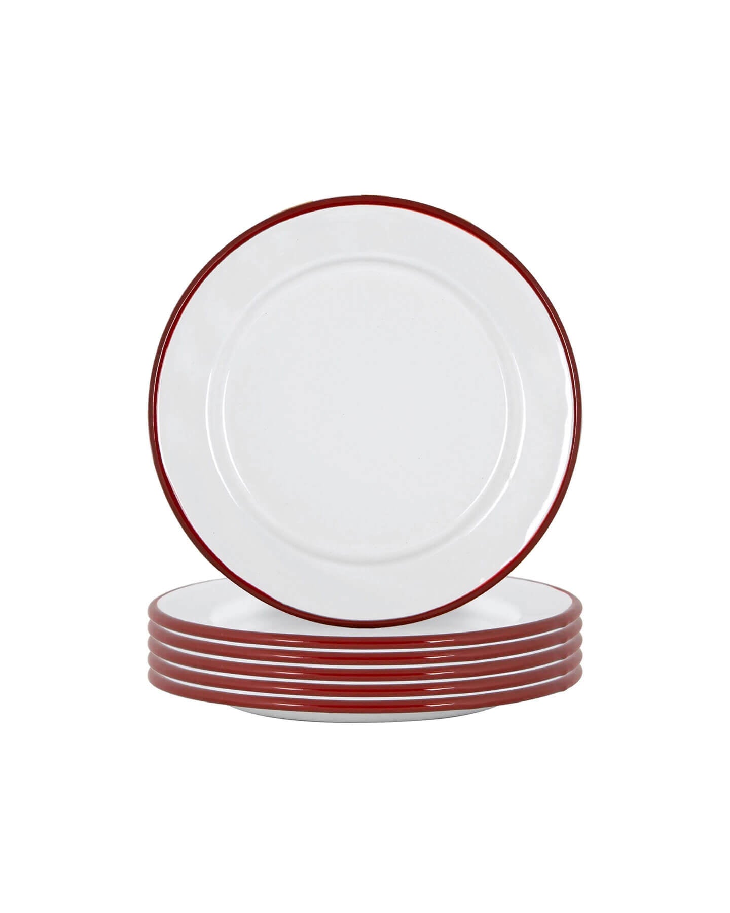 A set of 6 enamel white and red rimmed side plates, stacked. 