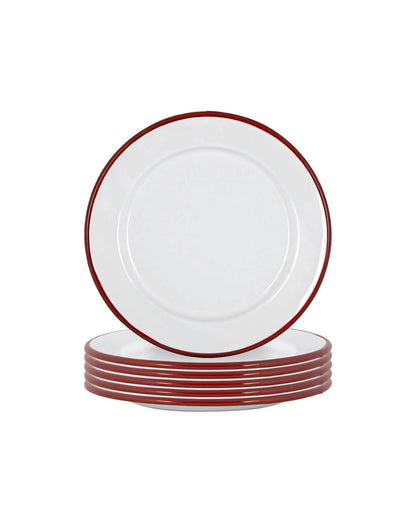 A set of 6 enamel white and red rimmed side plates, stacked. 