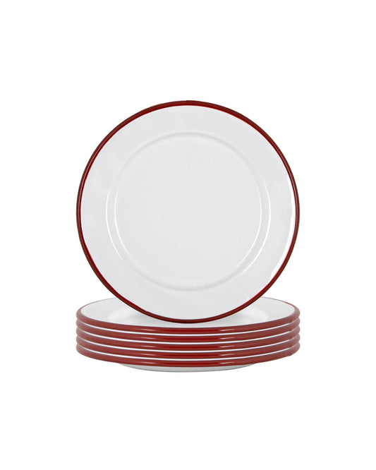 A set of 6 enamel white and red rimmed side plates, stacked. 