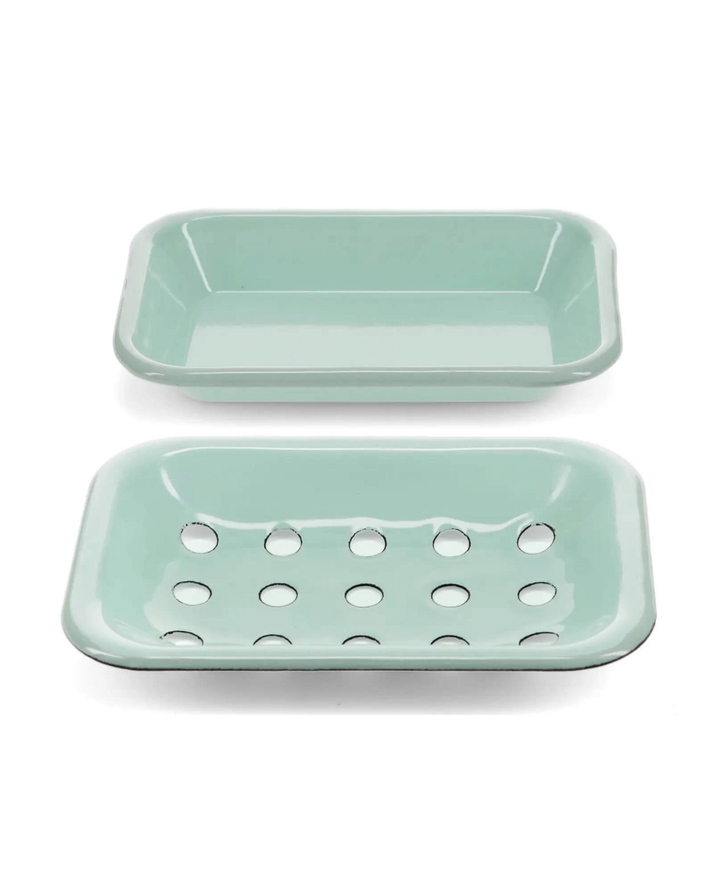 A mint green enamel soap dish on a white background