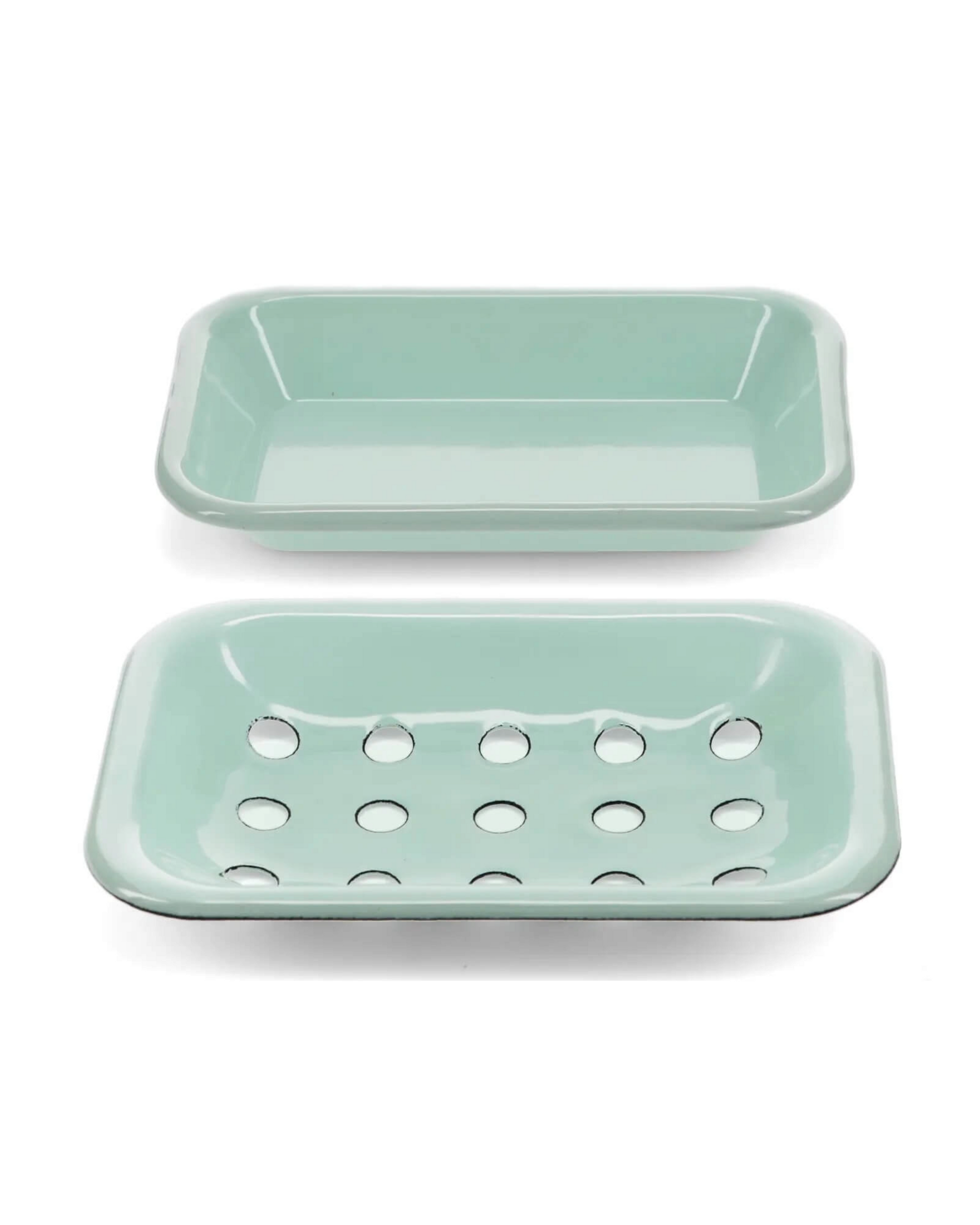 A mint green enamel soap dish on a white background