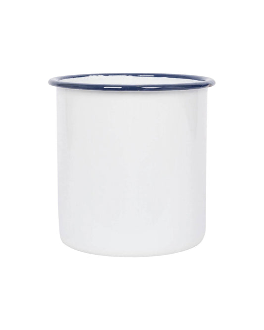 A white enamel utensil holder, on a white background.