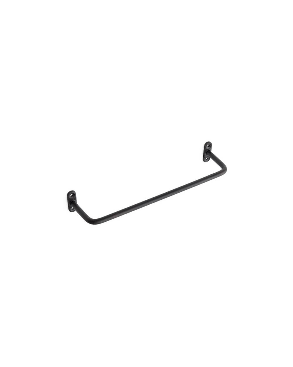 A solid iron, black powder-coated towel rail.