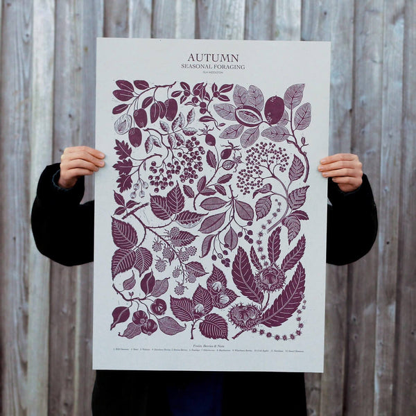 A large botanical print in blue ink, depicting seasonal Autumn plants.