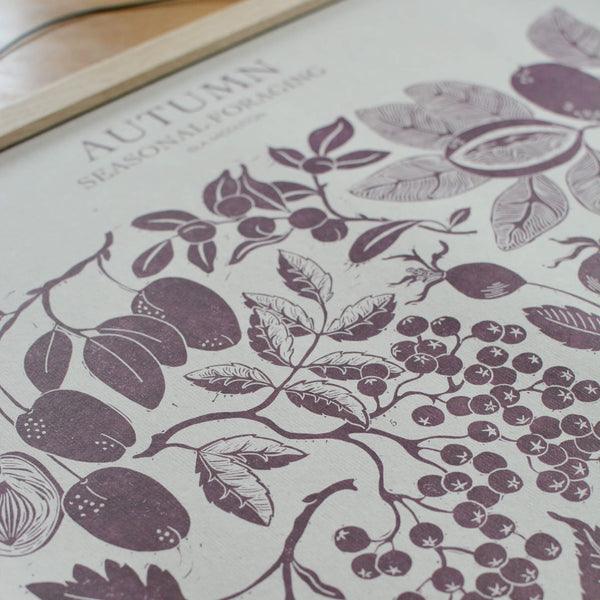 Close up of a botanical print in plum ink, depicting seasonal Autumn plants.