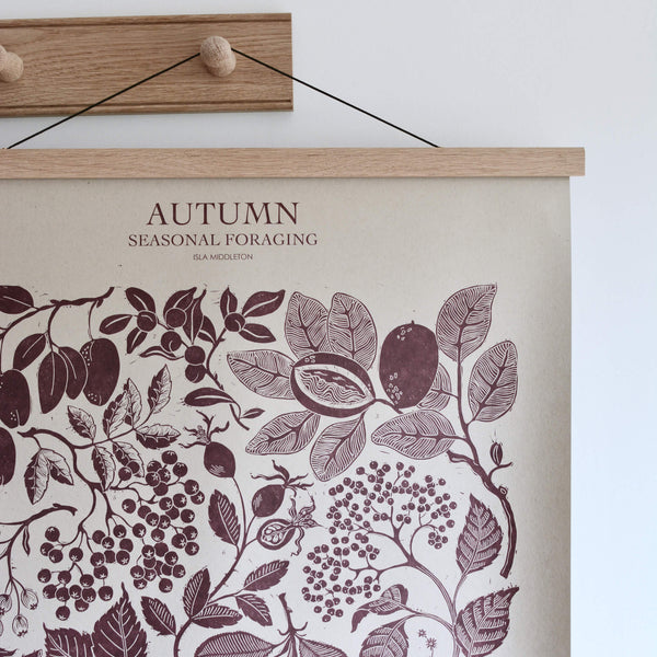 Close up of a botanical print in blue ink, depicting seasonal Autumn plants.