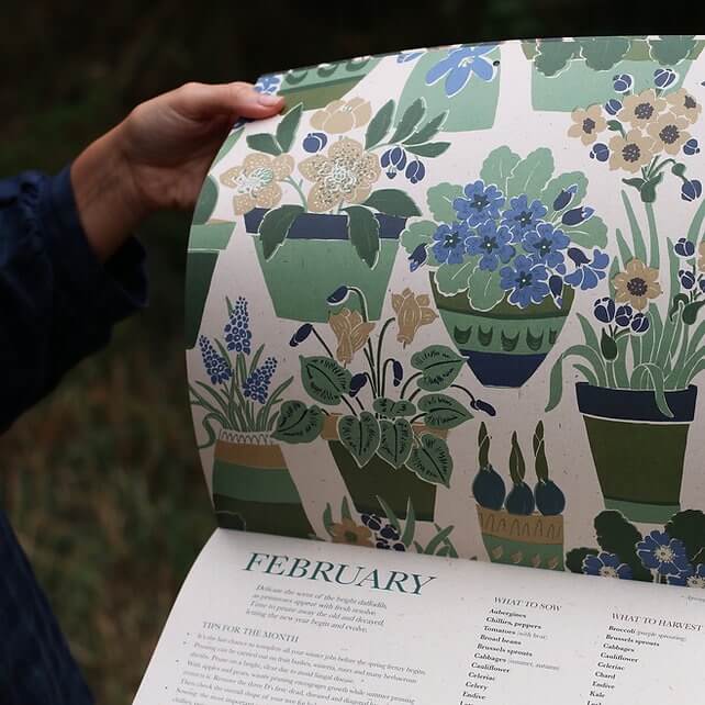 Close up of the February illustration of a botanical 2026 calendar.