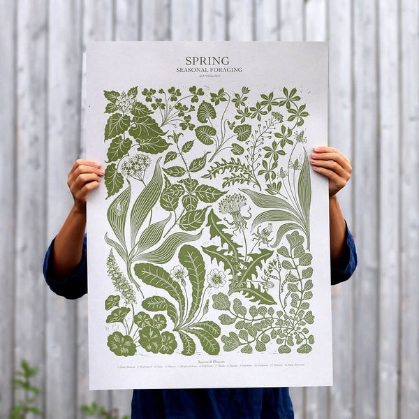 Spring foraging linocut print in green