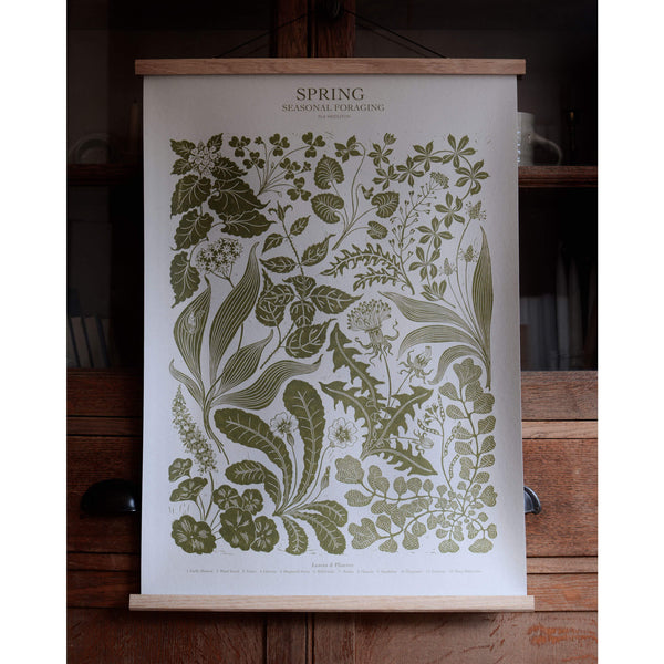 Large botanical 'Spring' print with green ink on pale grey paper.