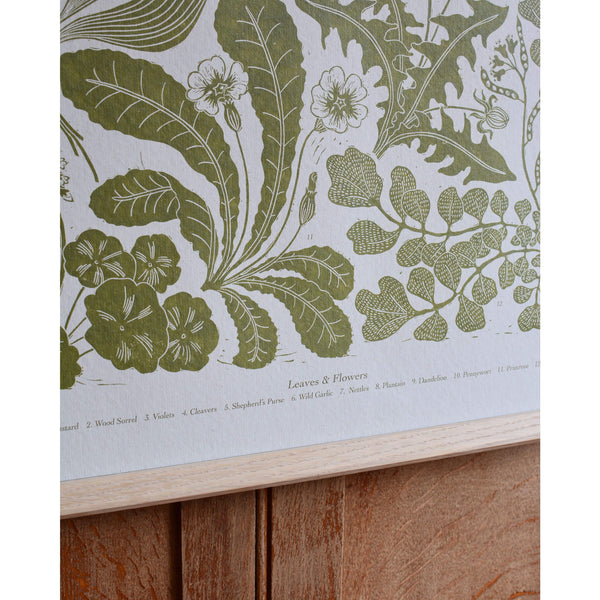 Close up of a botanical 'Spring' print with green ink on pale grey paper.