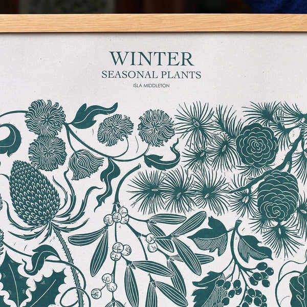 A close up of a botanical print in a deep blue/green ink, depicting seasonal Winter plants.