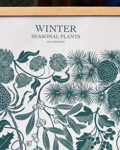 A close-up of a winter foraging print, in deep green-blue ink.