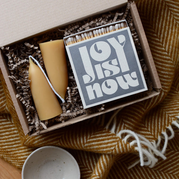 Joy Is Now Archivist Letterpress Matches, in a gift box with beeswax stubby candles