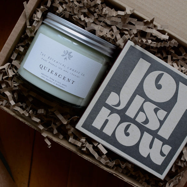 Joy Is Now Archivist Letterpress Matches, in a gift box with a scented candle