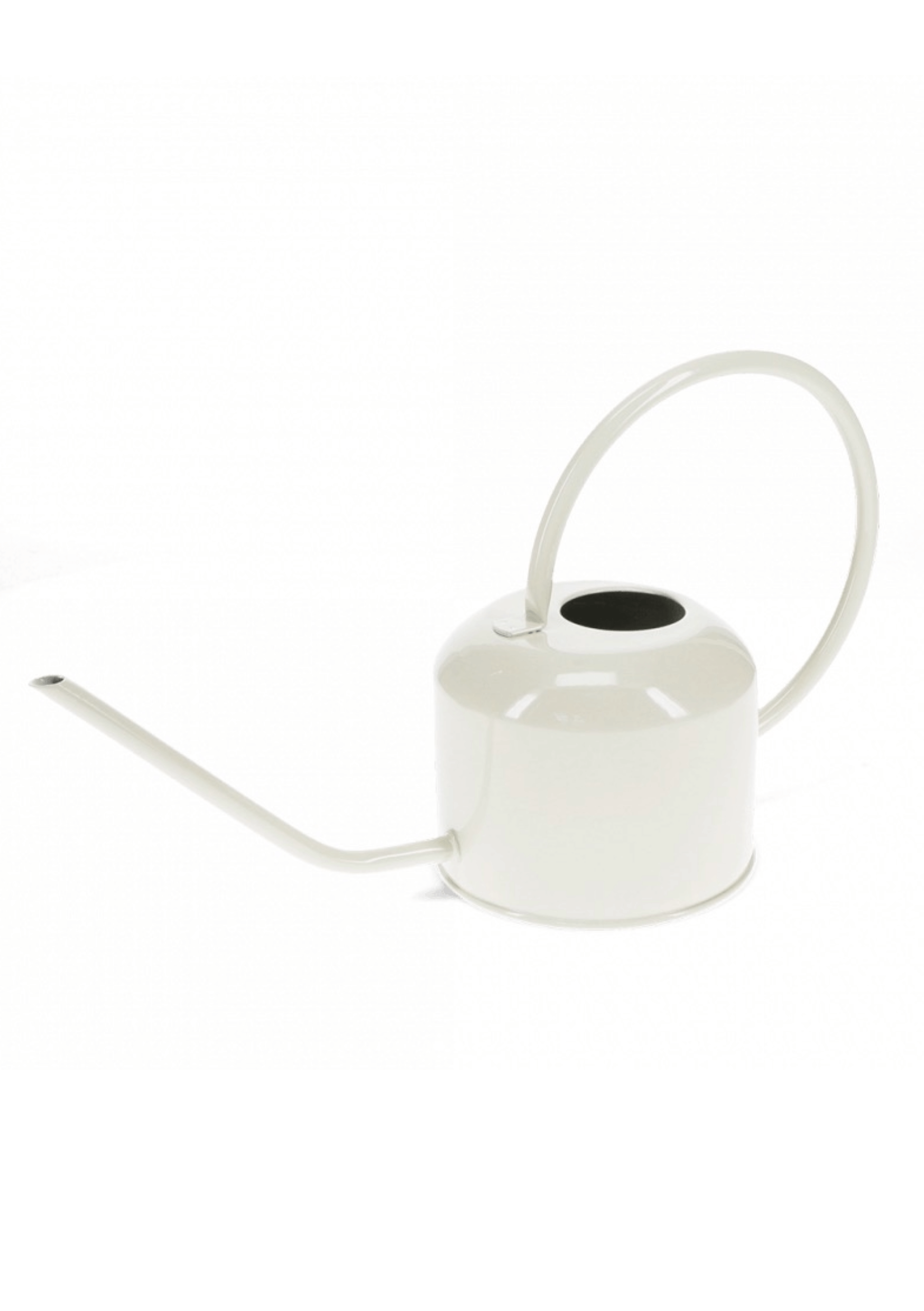 A pale grey metal small watering can, on a white background. 