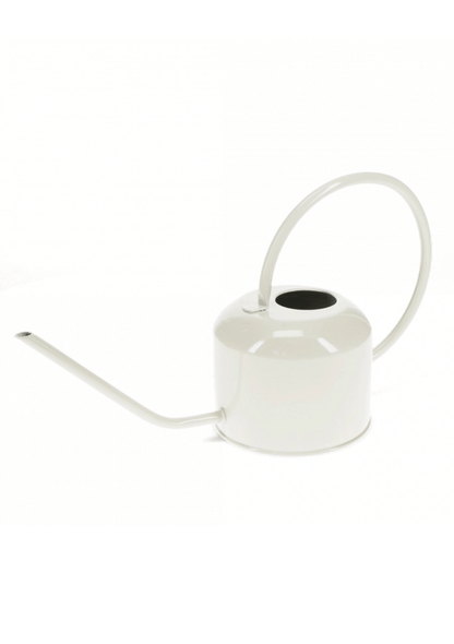 A pale grey metal small watering can, on a white background. 