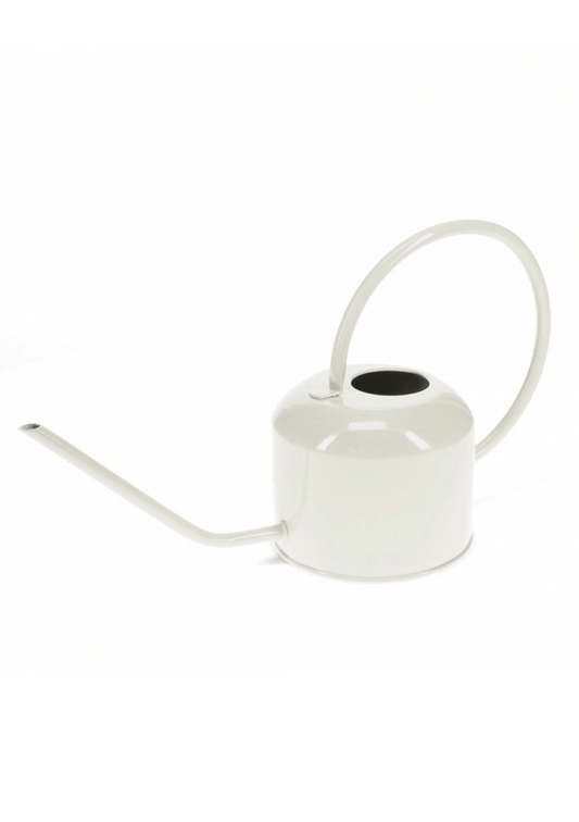 A pale grey metal small watering can, on a white background. 