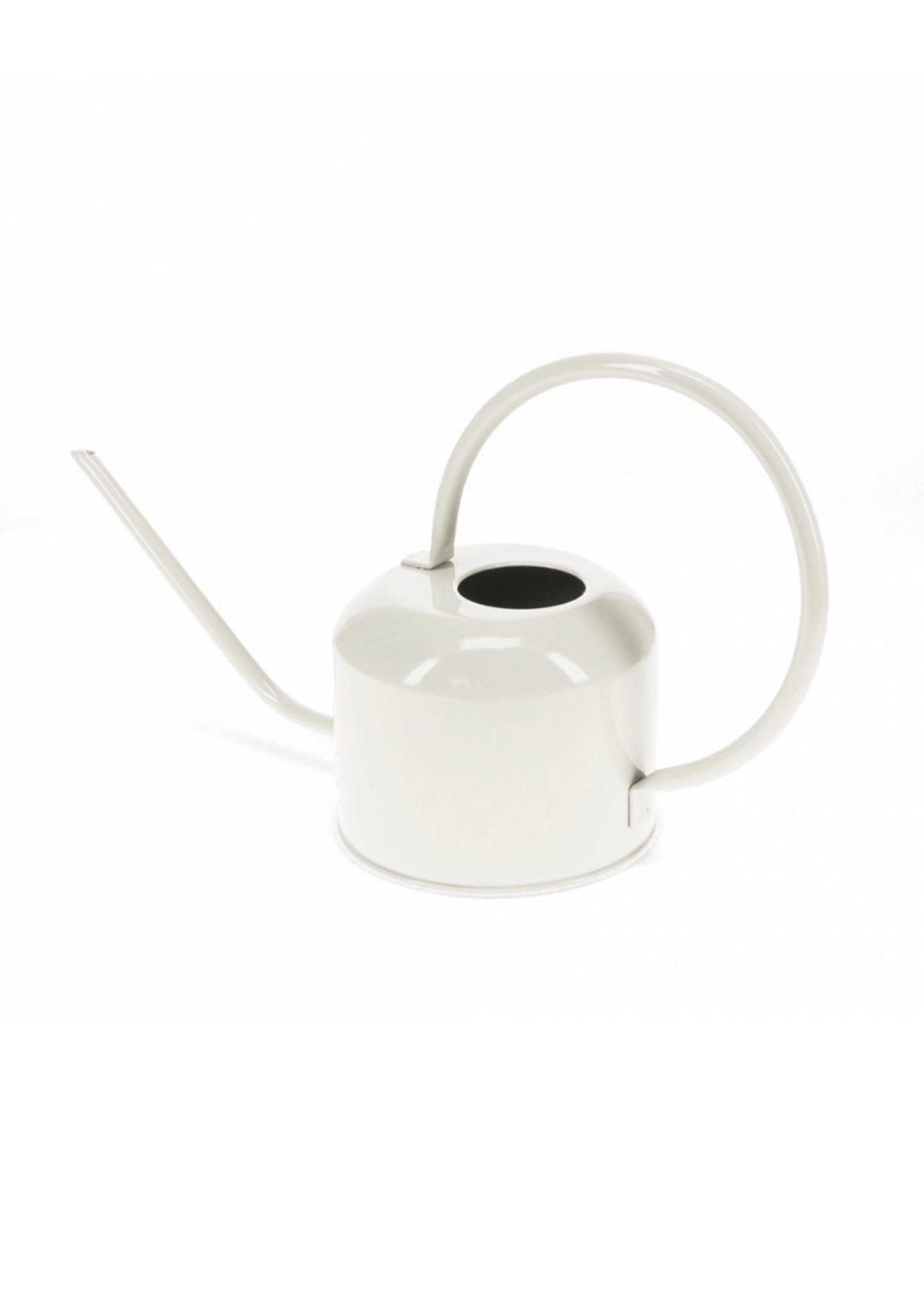 A pale grey metal small watering can, on a white background. 
