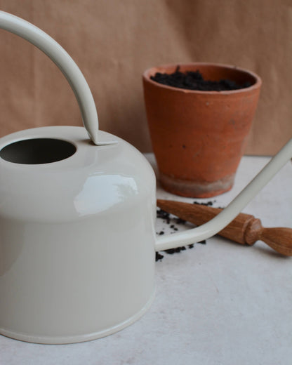 A pale grey watering can, next to a terracotta plant pot and seed dibber. 