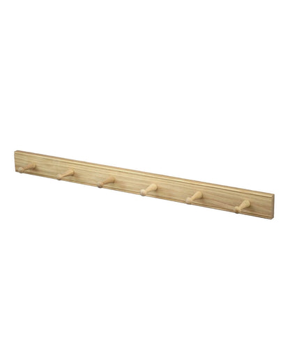 A solid oak peg rail with 6 pegs, on a white background