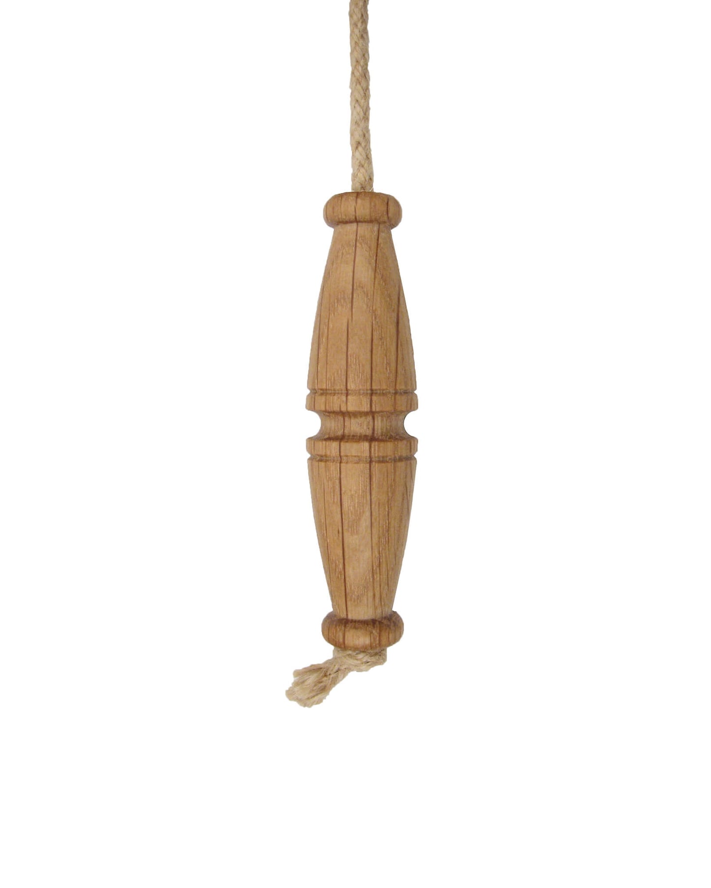 Oak toggle-style light pull with jute rope.