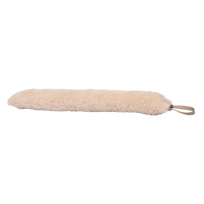 Cream sheepskin draught excluder with a handle on a white background