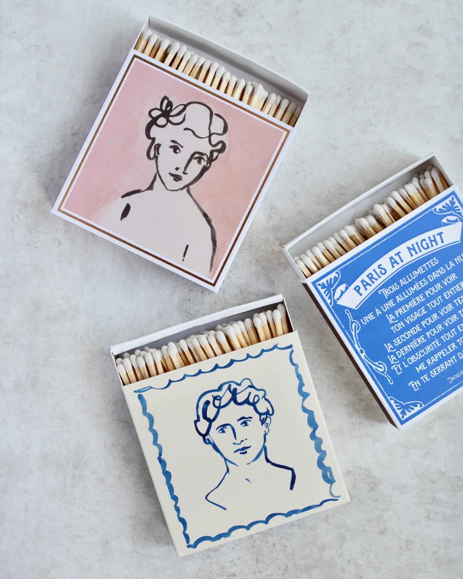 Set of 3 letterpress match boxes.