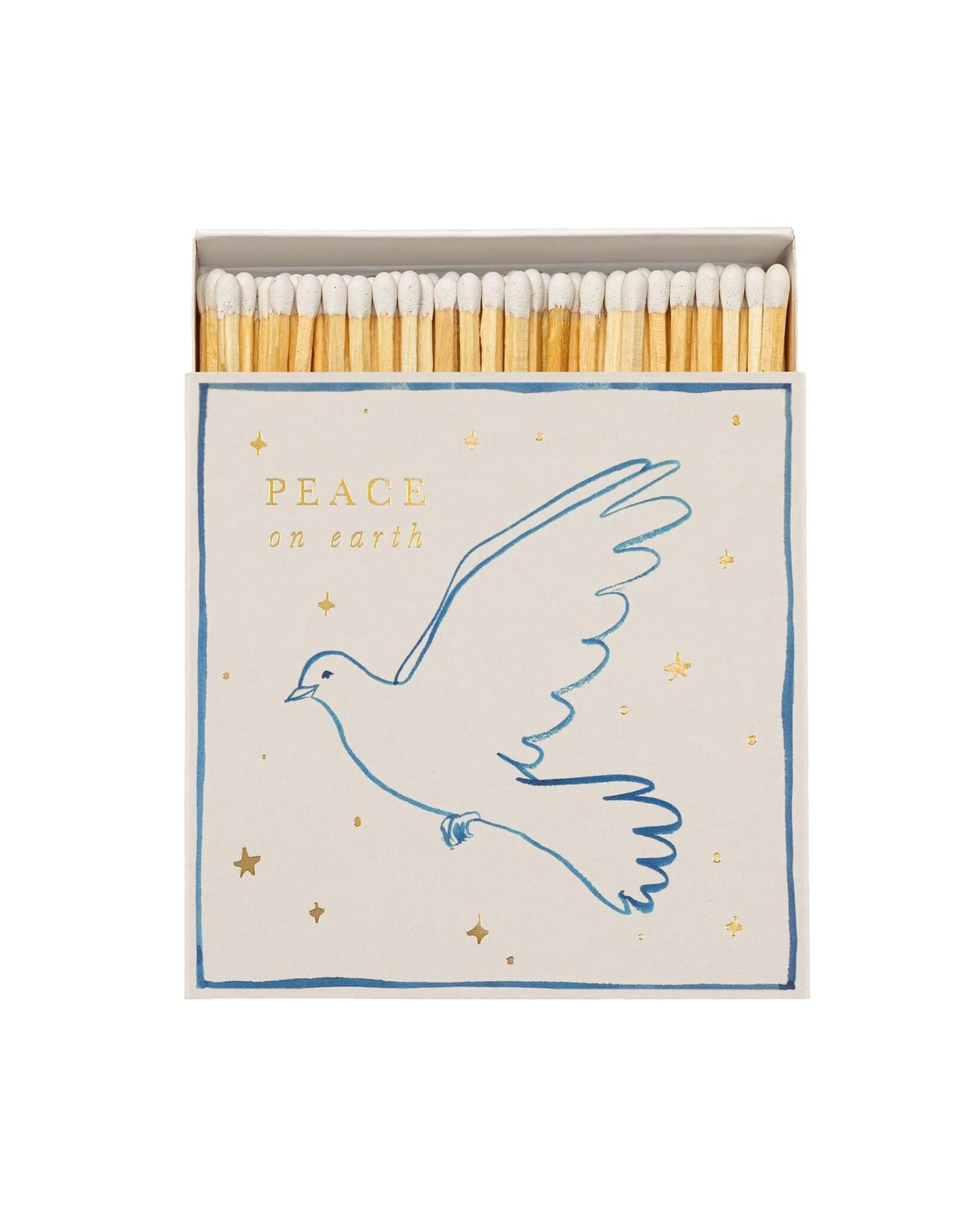 Matches with a dove design and 'Peace on Earth' text on a white background