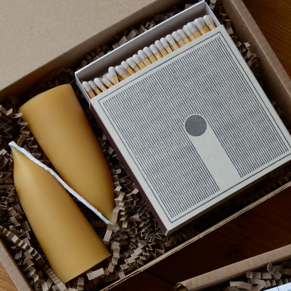 Rain letterpress matches by Archivist Real Fun Wow, with beeswax stubby candles in gift box.