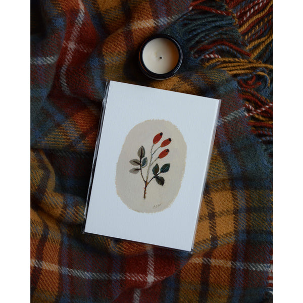 Multicoloured check blanket with rosehip illustration and candle.