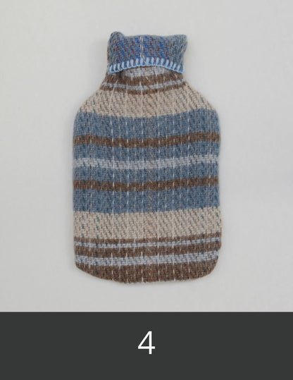 Wool hot water bottle with blue, brown, and beige stripes.