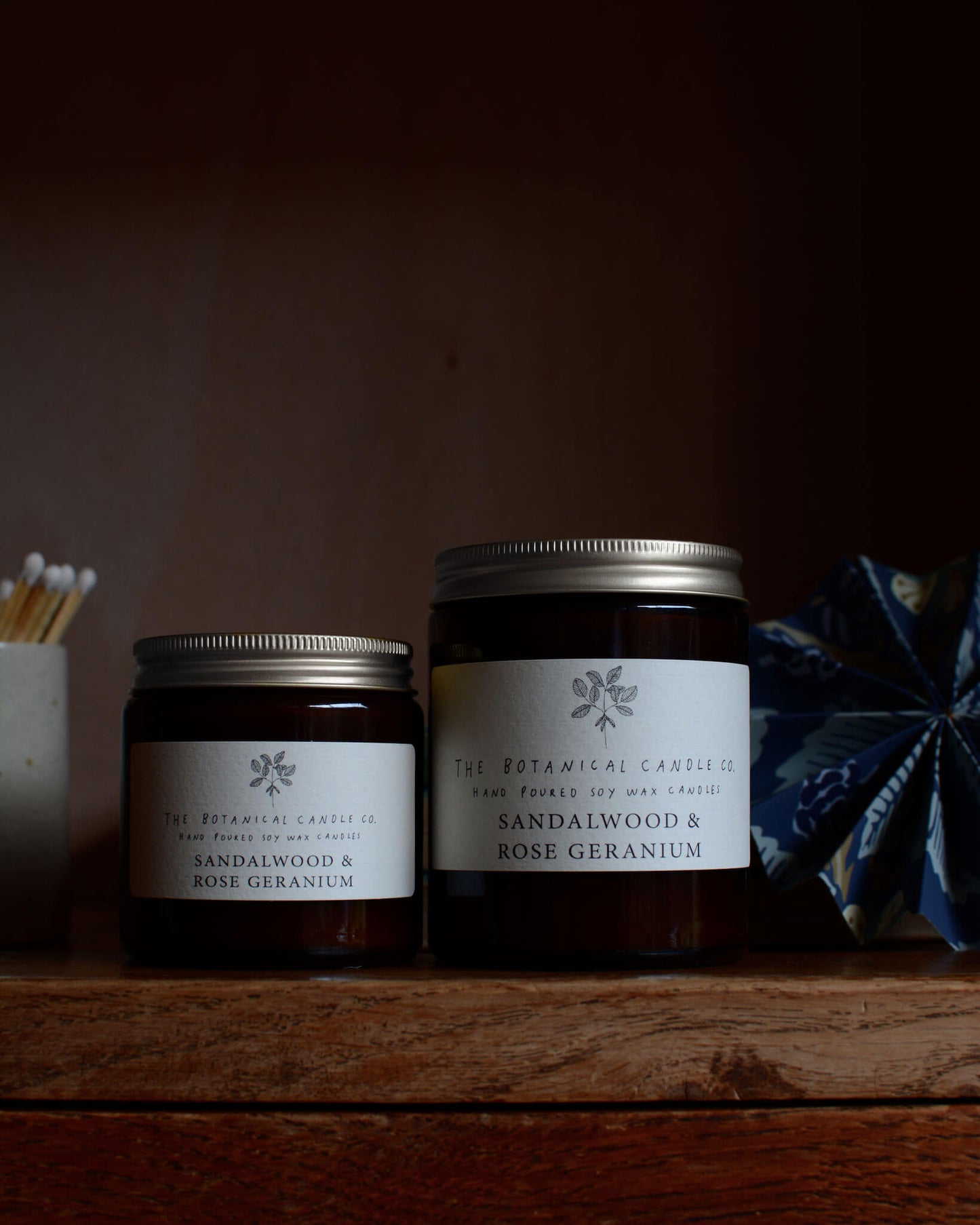 Sandalwood and Rose Geranium scented candle by The Botanical candle co.