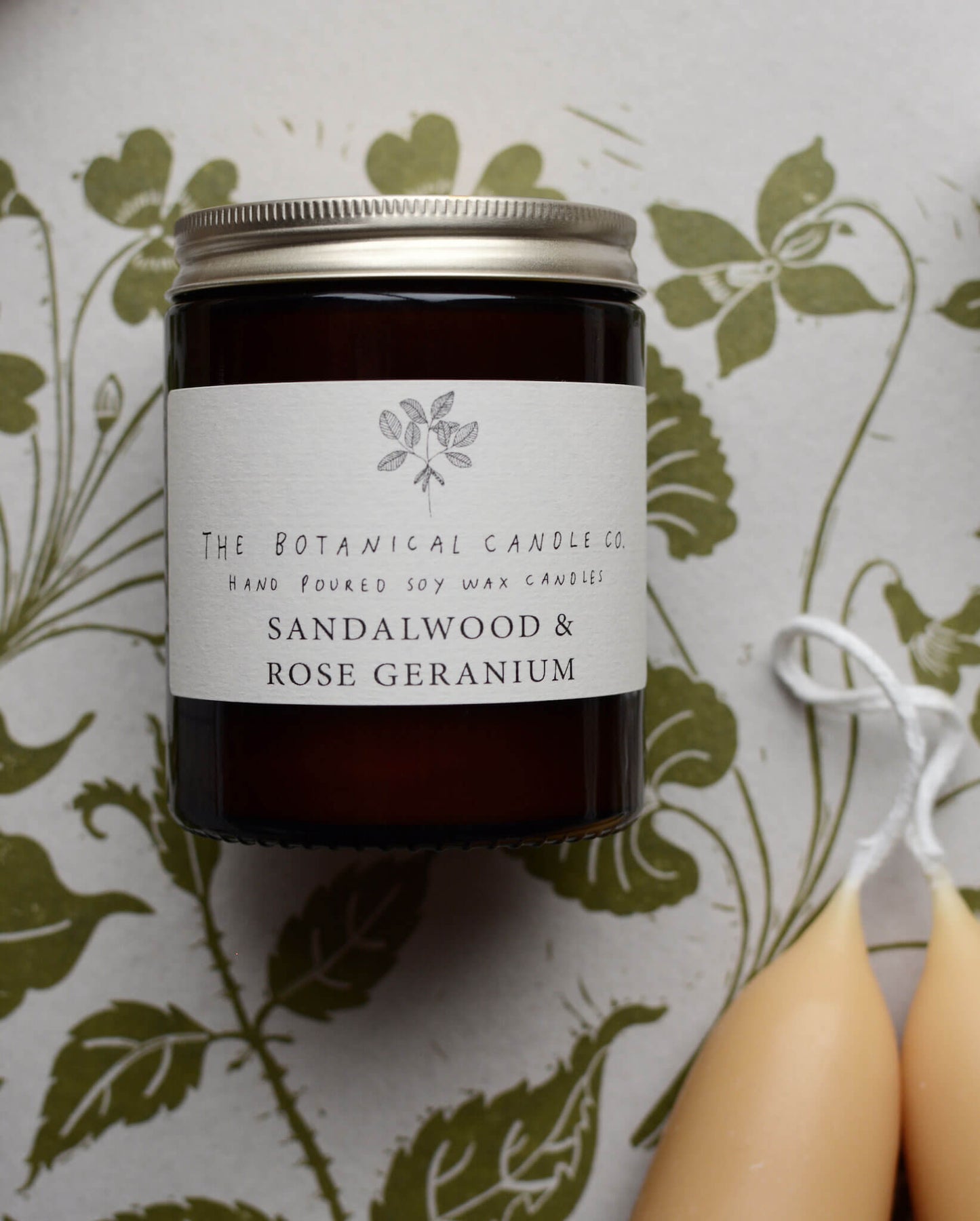 Sandalwood and Rose Geranium scented candle by The Botanical candle co.
