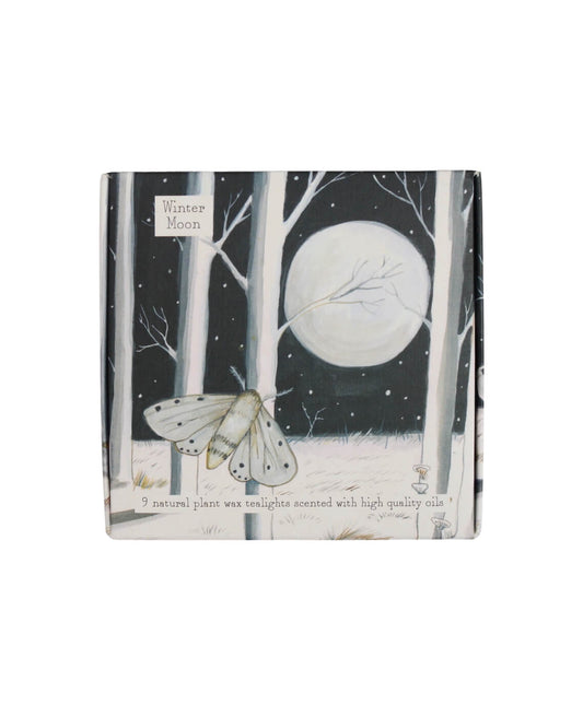 Pack of tea light candles with winter-themed design featuring a moon, moth and trees on a white background