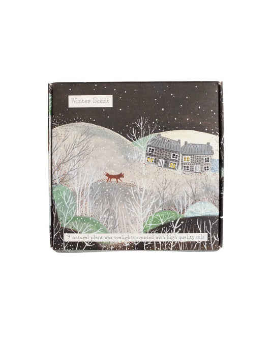 Pack of winter-themed tea lights with a fox and house illustration on a snowy landscape.