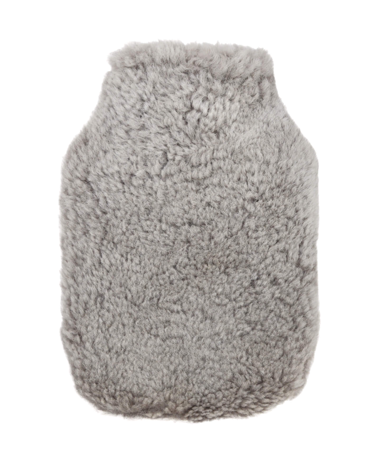 Pale grey sheepskin hot water bottle cover on a white background.