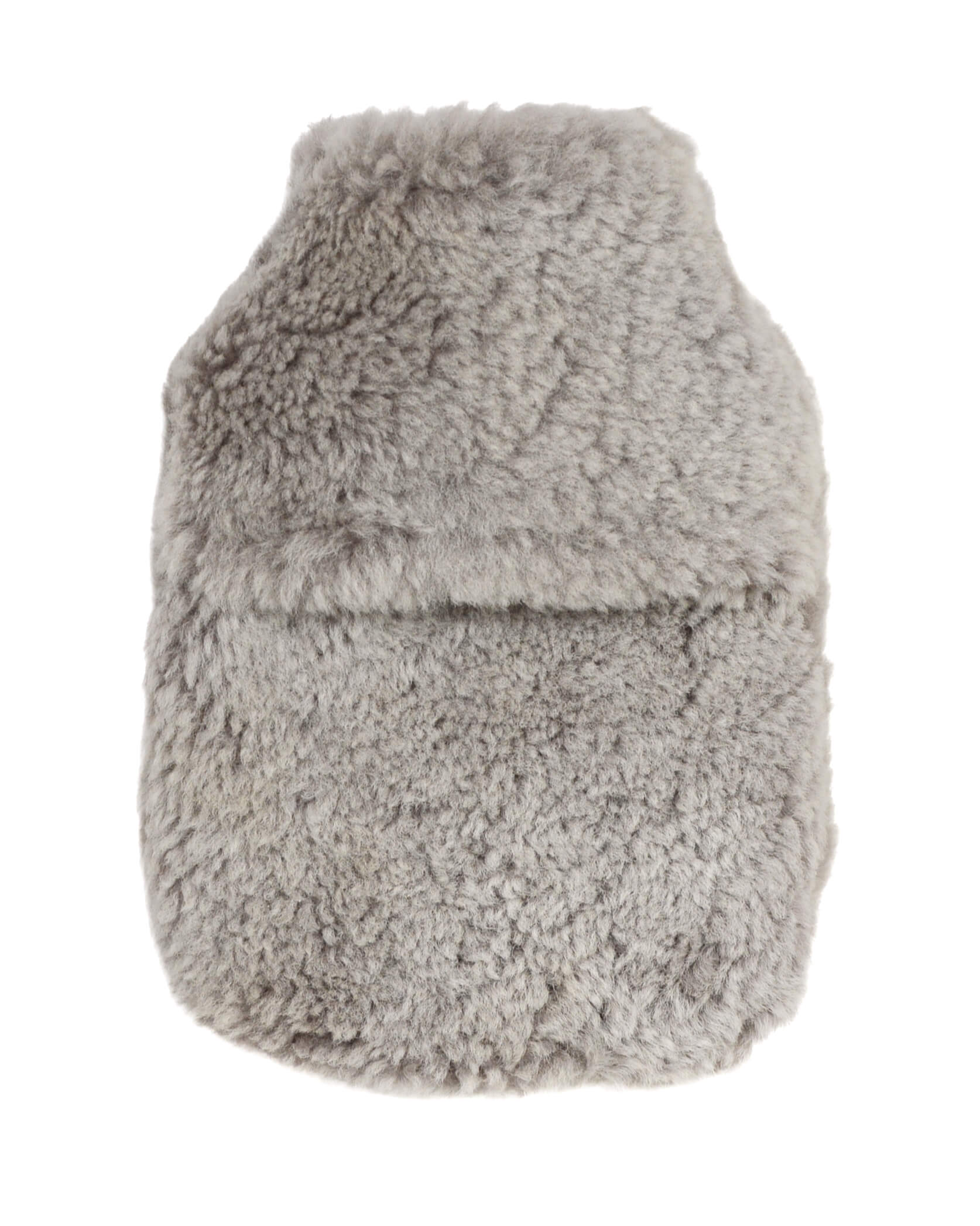Pale grey sheepskin hot water bottle cover on a white background.