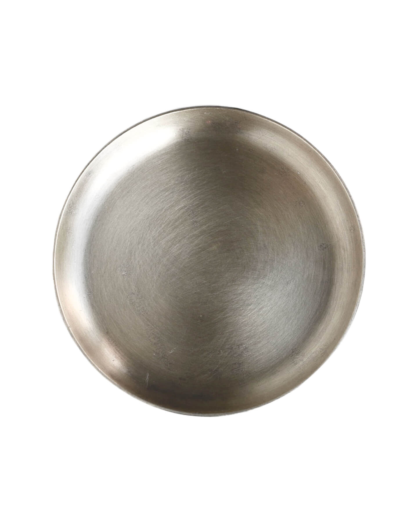A circular silver-plated candle dish, on a white background. 