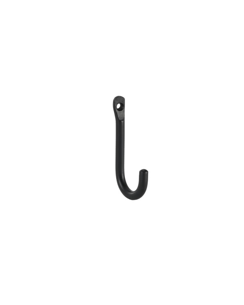 A single black iron wall hook with a mounting hole at the top, shown against a plain white background.