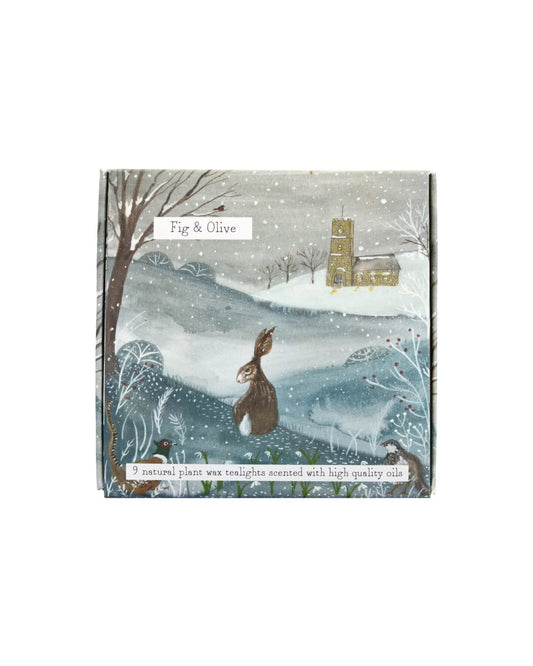 A square box of scented tealights, with an illustration featuring a hare in front of a winter, snowy landscape.