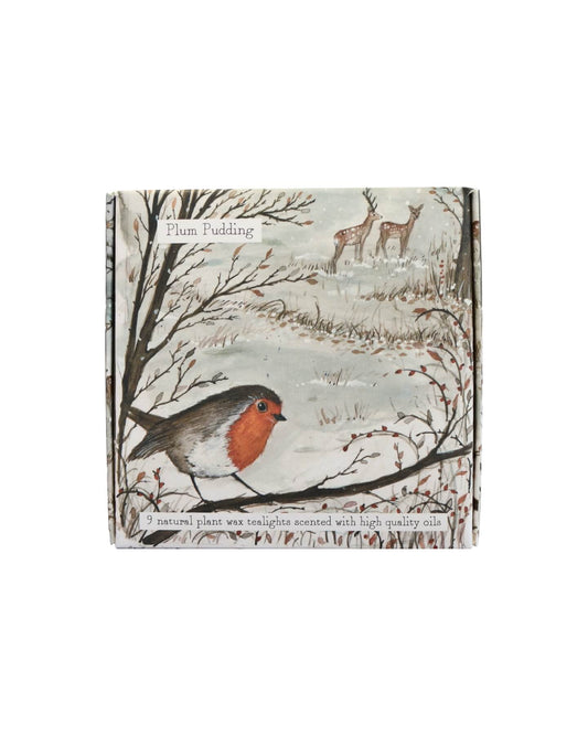 A square box of scented tealights, with an illustration of a robin and winter landscape, on a white background.